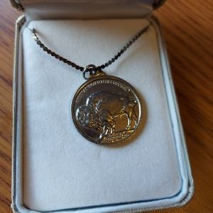 American Indian Relief Counsel Buffalo Nickle Silvertone Pendant 1" &Chain 9" .